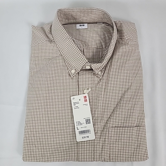 Uniqlo Other - NWT UNIQLO Men's Broadcloth Long Sleeve Checkered Beige White Sz L